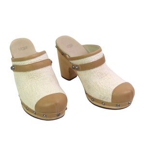 UGG BEIGE TEXTILE LEATHER ROUND TOE HIGH HEEL SANDALS SABO MULES SHOES Sz 8/39